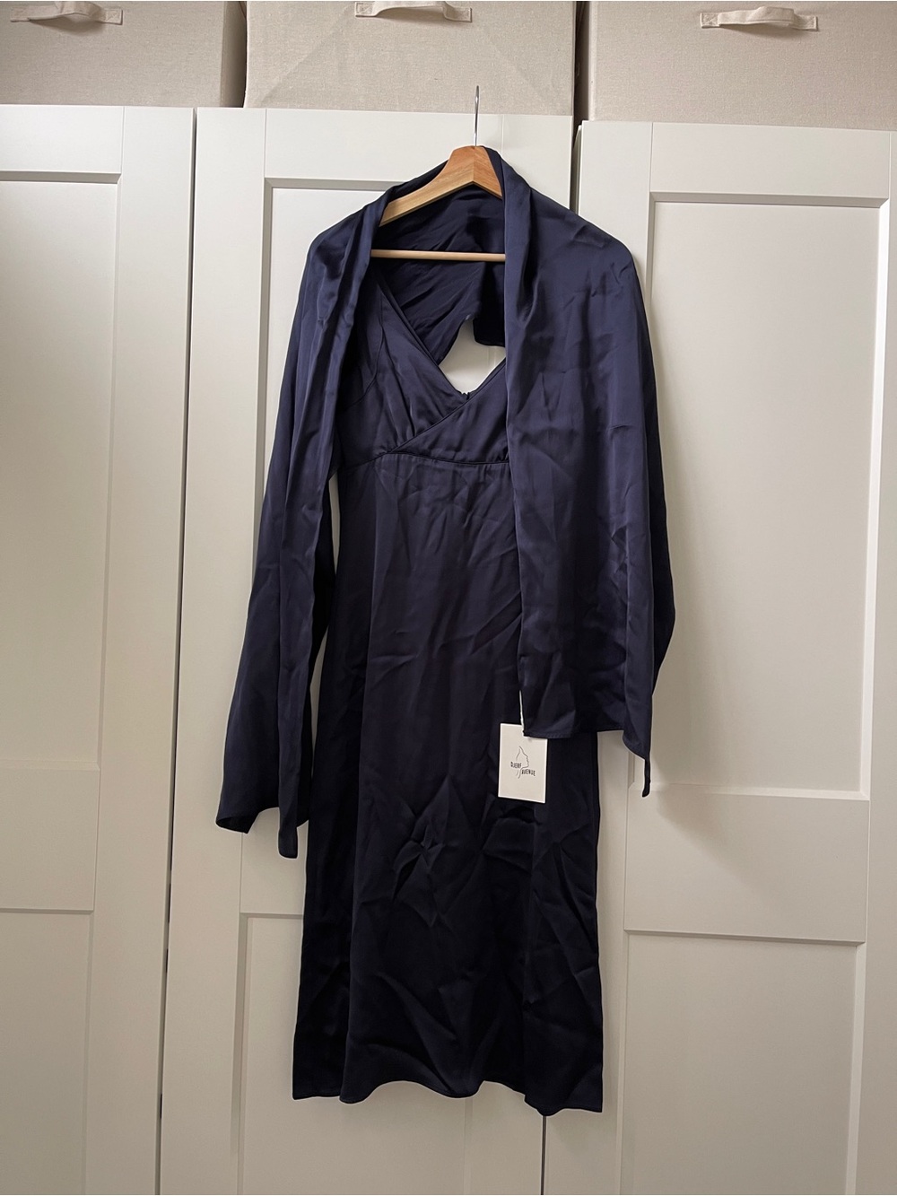 djerf avenue evening midi dress midnight blue + scarf